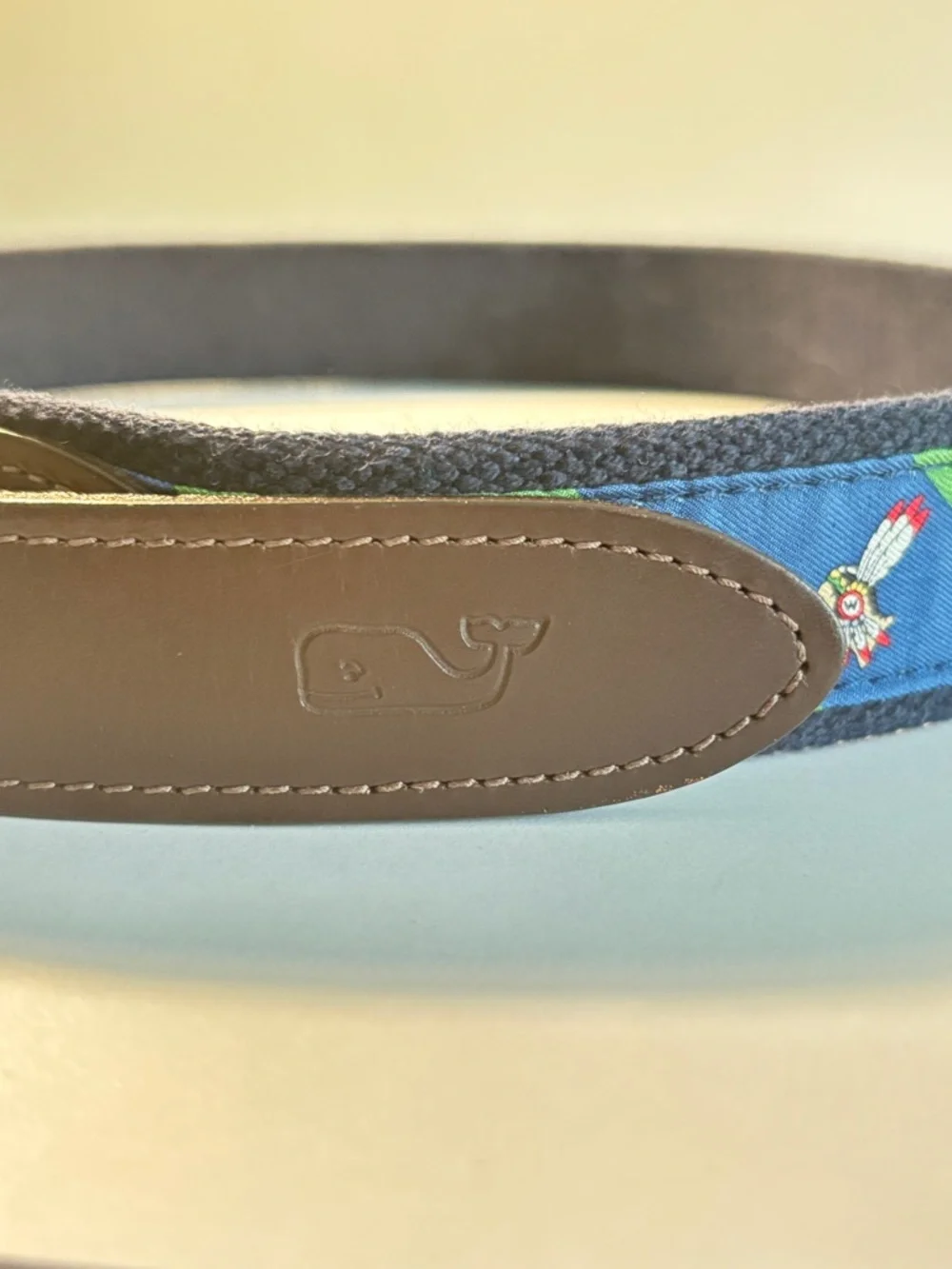 Vineyard Vines Blue Green Canvas Leather Belt Size 34 Whale Embroidered Preppy